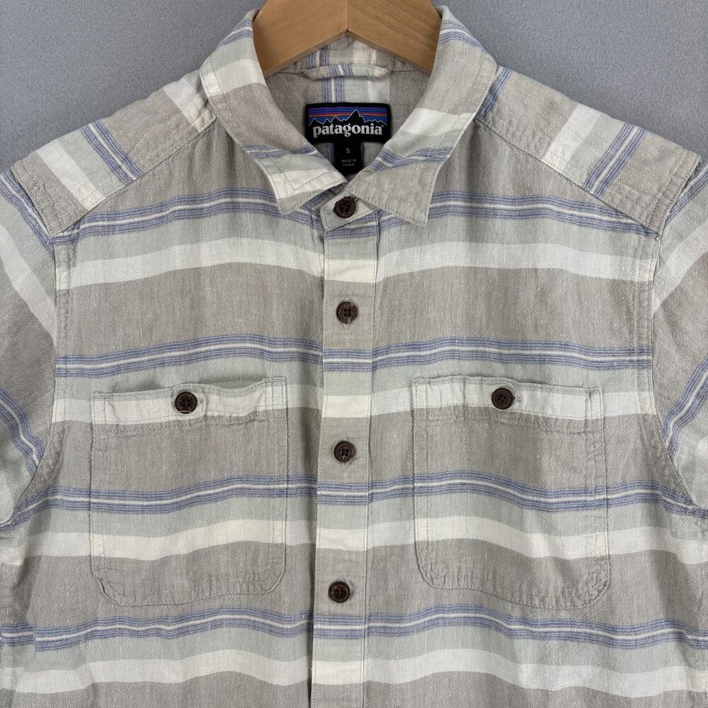 Patagonia Back Step Shirt Small Beige Stripe Short Sleeve Button Up Hemp Cotton - Picture 2 of 10